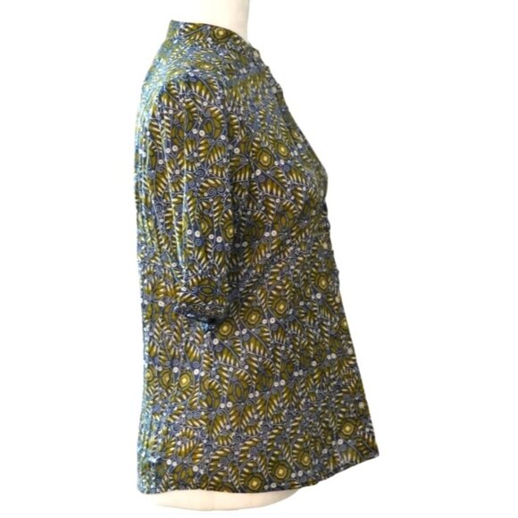 Banana Republic Boho Leaf Batik Blouse Sz Small Mandarin Collar Puff Sleaves Cot - Picture 6 of 11